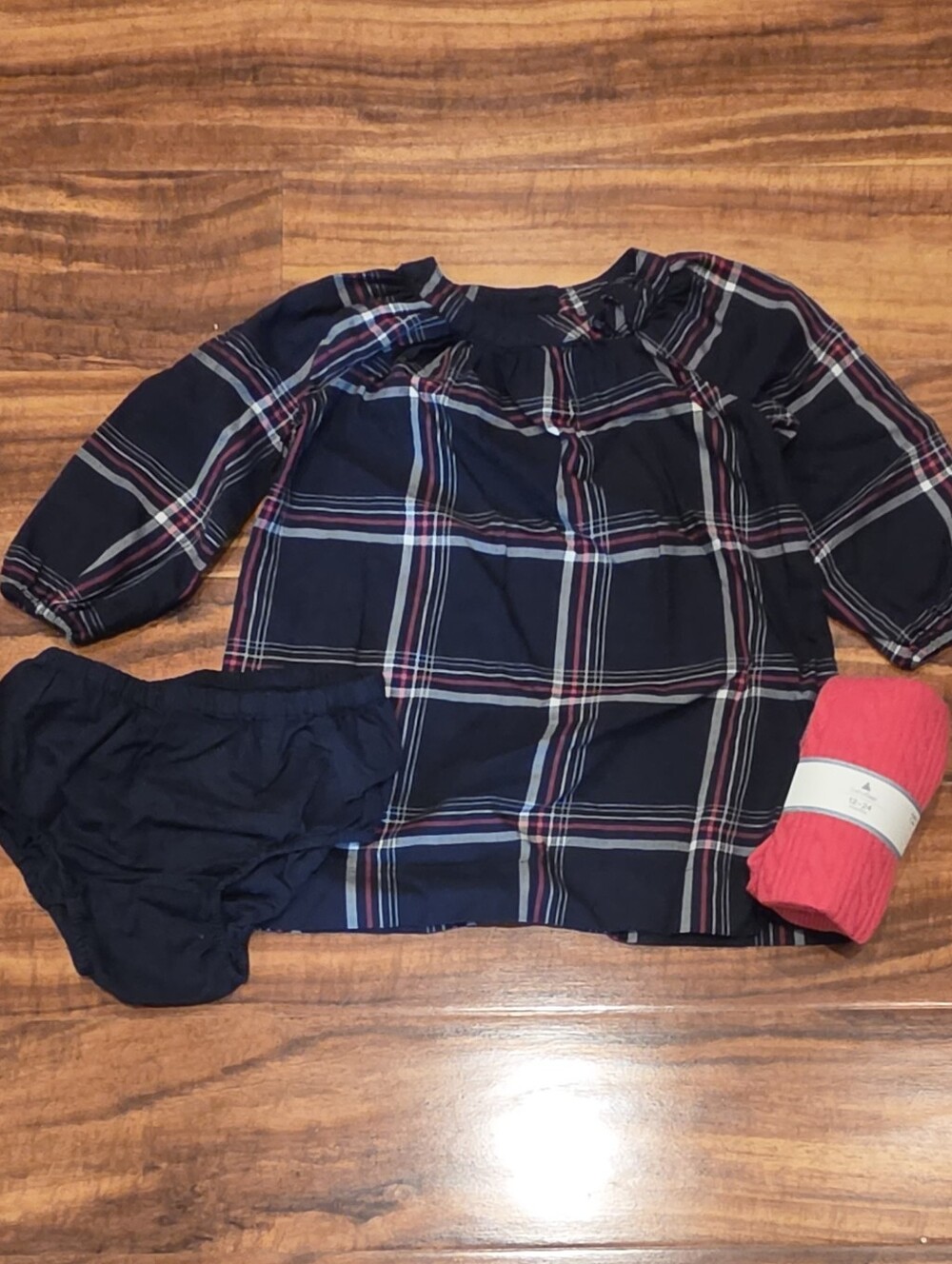 GAP Baby NWT/EUC 18-24 Months Navy/Magenta Plaid Dress and Tights